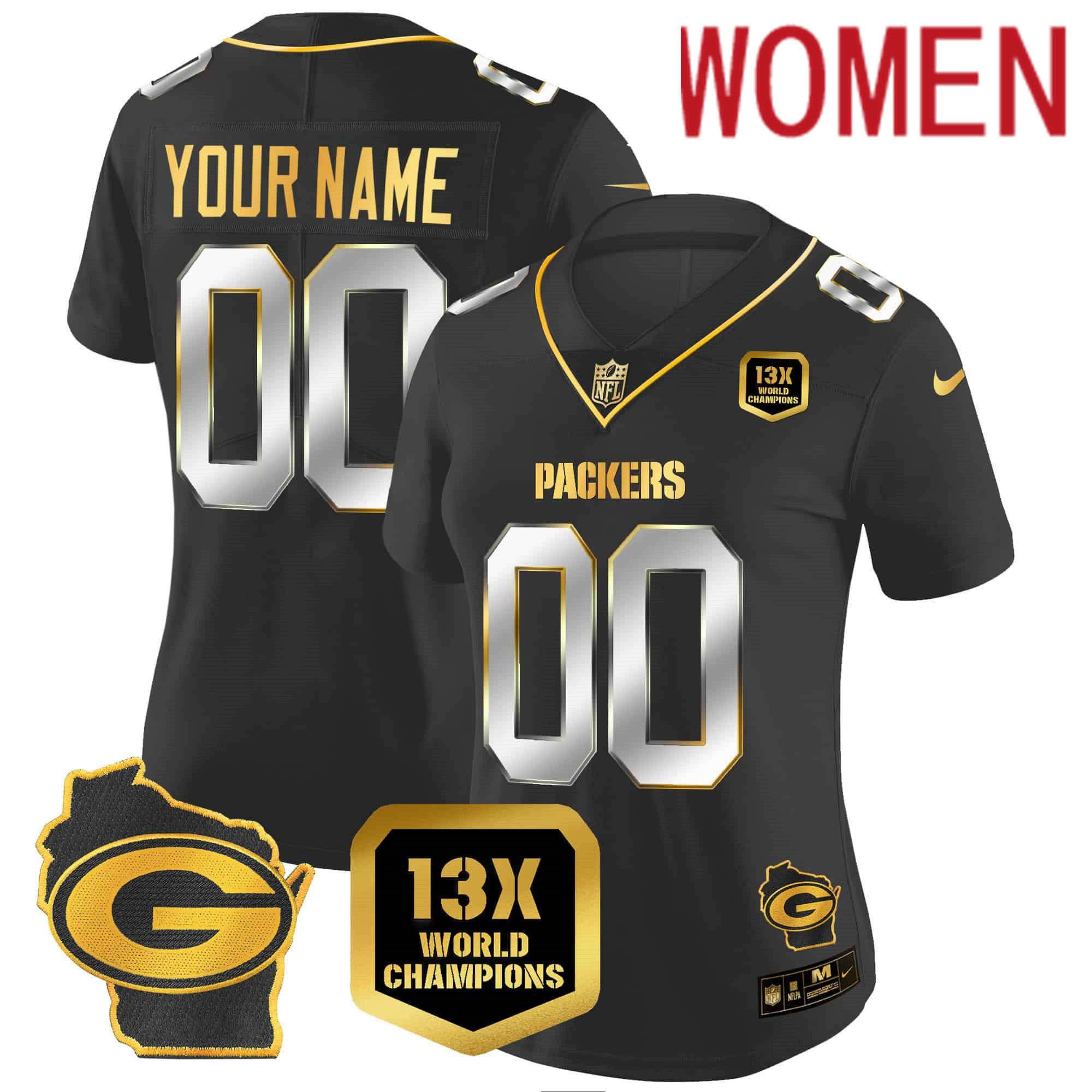 Women Green Bay Packers Black Gold 2024 Nike World Champions Home Patch Vapor Custom NFL Jersey style 1